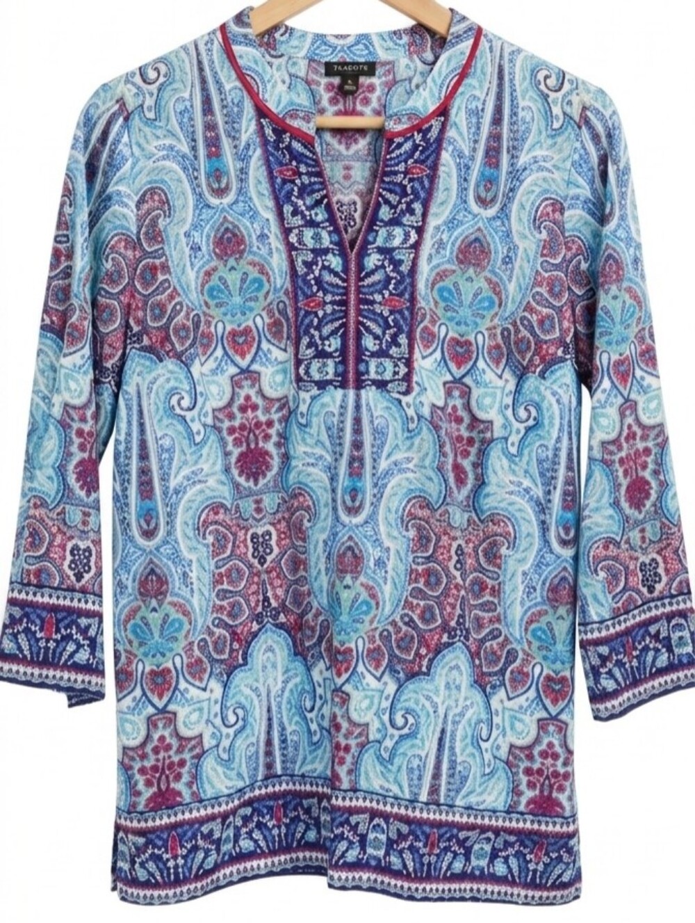 Talbots Petite Medium Blue Red Paisley 100% Cotton Split Neck Blouse
